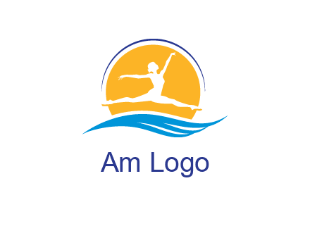 ballerina jumping over waves in front of the sun logo