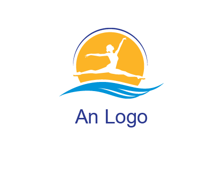 ballerina jumping over waves in front of the sun logo