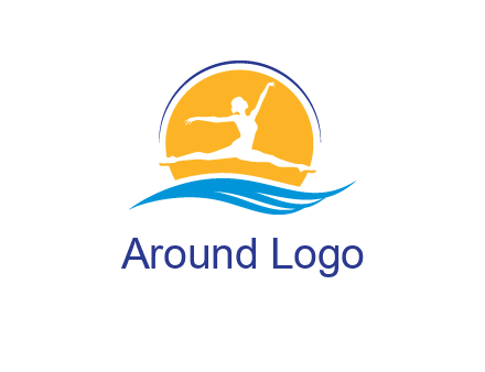 ballerina jumping over waves in front of the sun logo