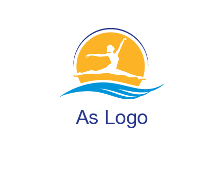 ballerina jumping over waves in front of the sun logo