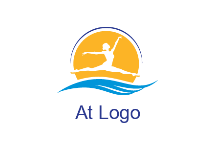 ballerina jumping over waves in front of the sun logo