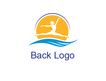 ballerina jumping over waves in front of the sun logo