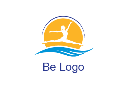 ballerina jumping over waves in front of the sun logo