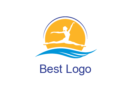 ballerina jumping over waves in front of the sun logo