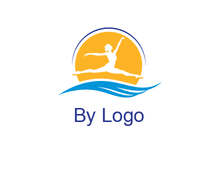 ballerina jumping over waves in front of the sun logo