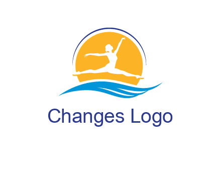 ballerina jumping over waves in front of the sun logo