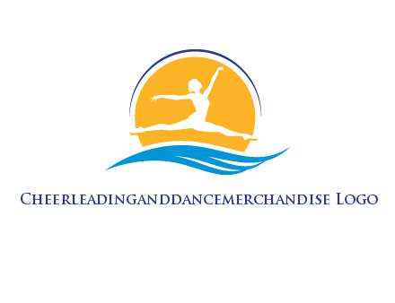 ballerina jumping over waves in front of the sun logo
