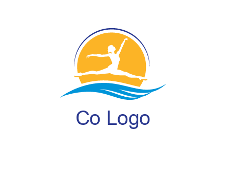 ballerina jumping over waves in front of the sun logo