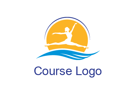 ballerina jumping over waves in front of the sun logo
