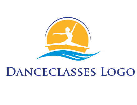 ballerina jumping over waves in front of the sun logo