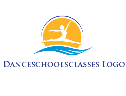 ballerina jumping over waves in front of the sun logo