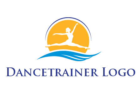 ballerina jumping over waves in front of the sun logo