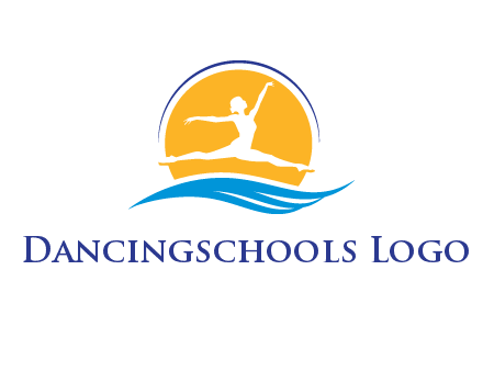 ballerina jumping over waves in front of the sun logo