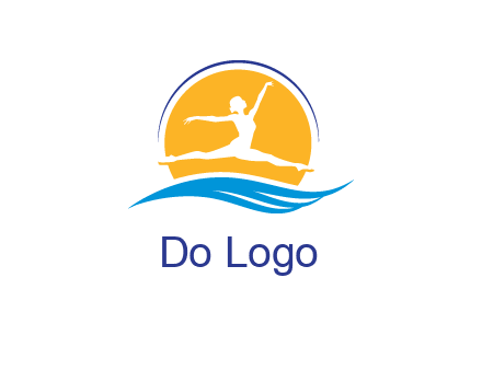 ballerina jumping over waves in front of the sun logo