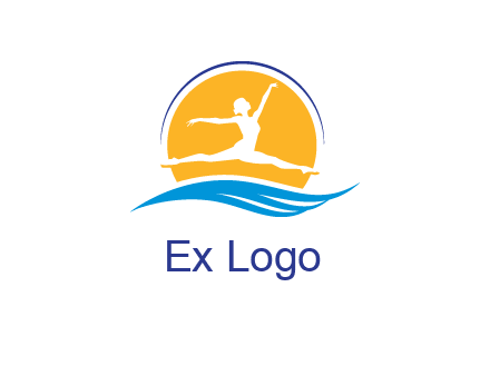 ballerina jumping over waves in front of the sun logo