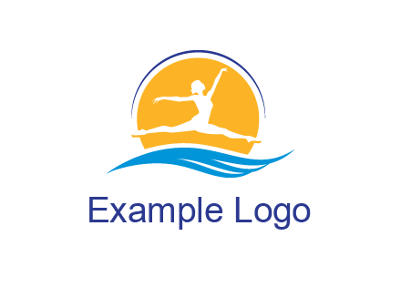ballerina jumping over waves in front of the sun logo