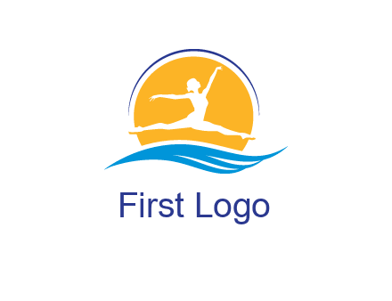 ballerina jumping over waves in front of the sun logo