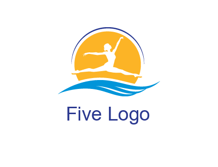 ballerina jumping over waves in front of the sun logo