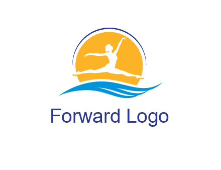 ballerina jumping over waves in front of the sun logo