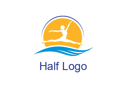 ballerina jumping over waves in front of the sun logo