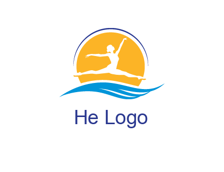 ballerina jumping over waves in front of the sun logo