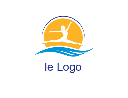 ballerina jumping over waves in front of the sun logo