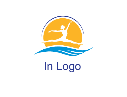 ballerina jumping over waves in front of the sun logo