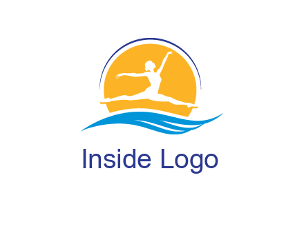 ballerina jumping over waves in front of the sun logo