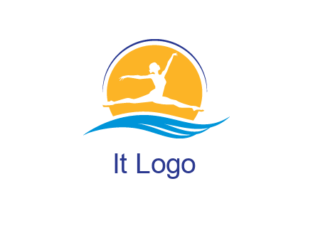 ballerina jumping over waves in front of the sun logo