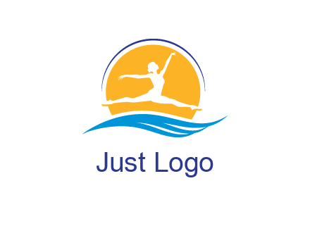 ballerina jumping over waves in front of the sun logo