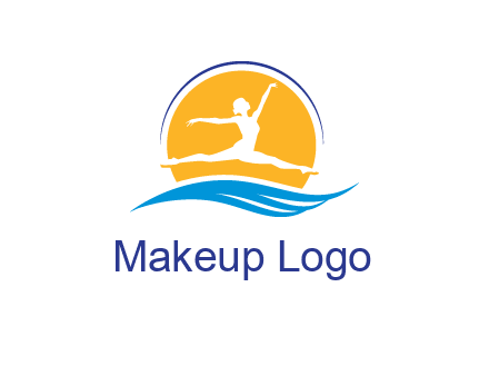 ballerina jumping over waves in front of the sun logo