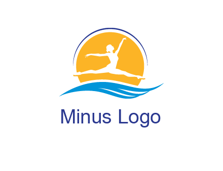 ballerina jumping over waves in front of the sun logo