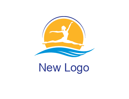 ballerina jumping over waves in front of the sun logo