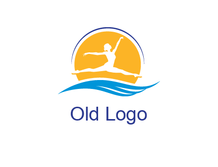 ballerina jumping over waves in front of the sun logo