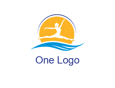 ballerina jumping over waves in front of the sun logo