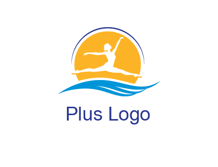 ballerina jumping over waves in front of the sun logo