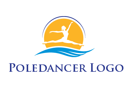 ballerina jumping over waves in front of the sun logo