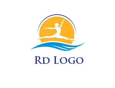 ballerina jumping over waves in front of the sun logo