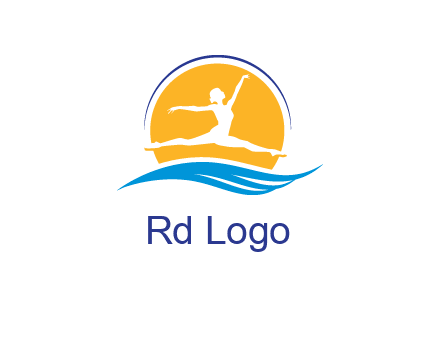 ballerina jumping over waves in front of the sun logo