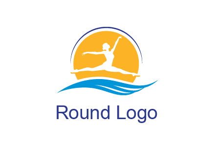 ballerina jumping over waves in front of the sun logo