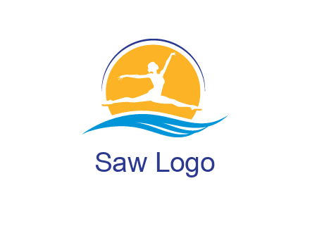 ballerina jumping over waves in front of the sun logo