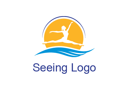 ballerina jumping over waves in front of the sun logo