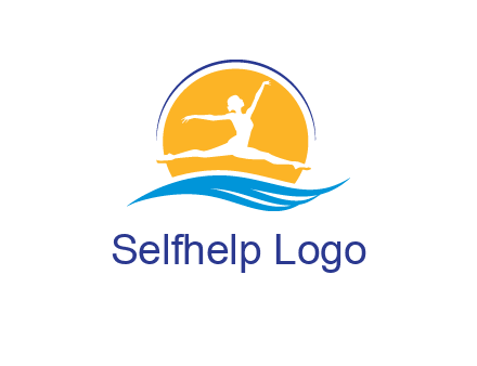 ballerina jumping over waves in front of the sun logo