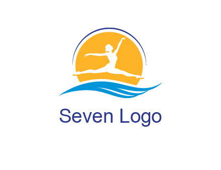 ballerina jumping over waves in front of the sun logo
