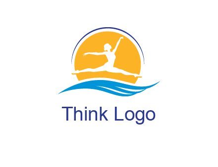 ballerina jumping over waves in front of the sun logo