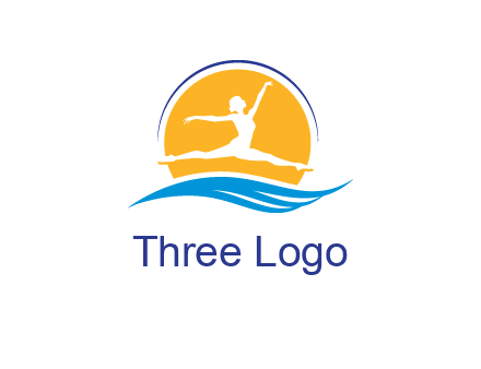 ballerina jumping over waves in front of the sun logo