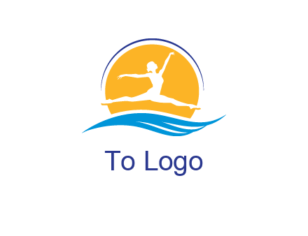 ballerina jumping over waves in front of the sun logo