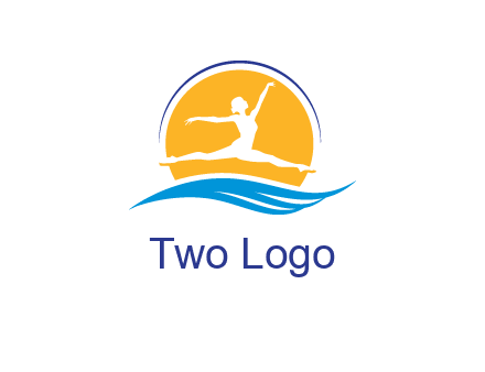 ballerina jumping over waves in front of the sun logo