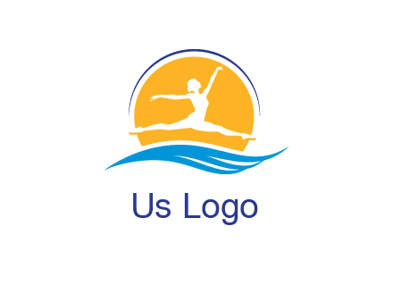 ballerina jumping over waves in front of the sun logo