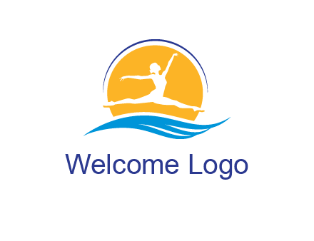 ballerina jumping over waves in front of the sun logo